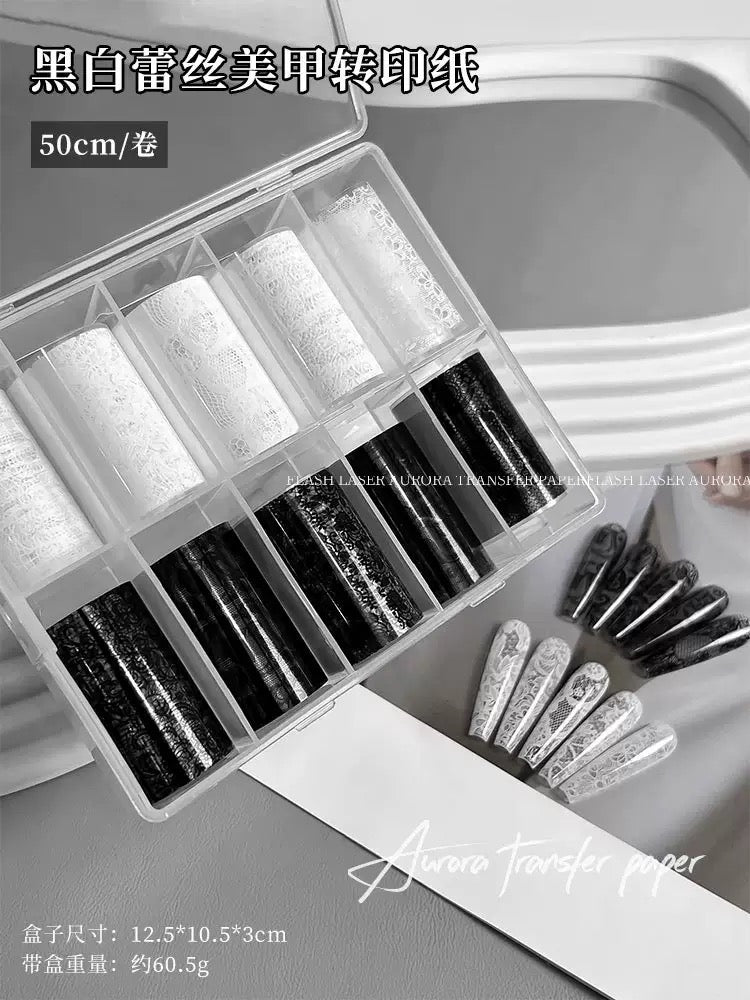 Coffret de Foils de Transfert Nail Art – Motifs Dentelle Noire & Blanche