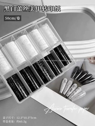 Coffret de Foils de Transfert Nail Art – Motifs Dentelle Noire & Blanche