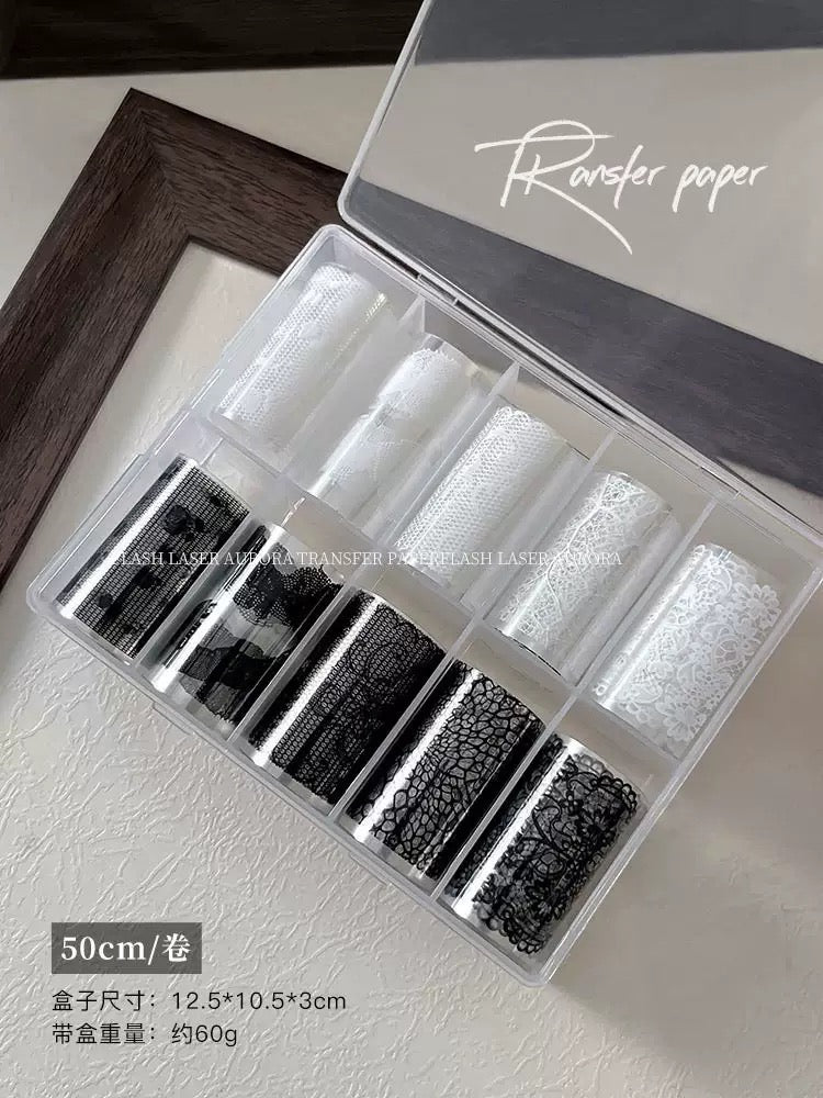 Coffret de Foils de Transfert Nail Art – Motifs Dentelle Noire & Blanche