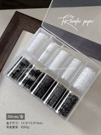 Coffret de Foils de Transfert Nail Art – Motifs Dentelle Noire & Blanche